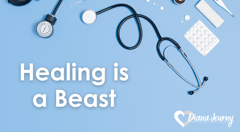 healing is a beast, stethoscope and blue background